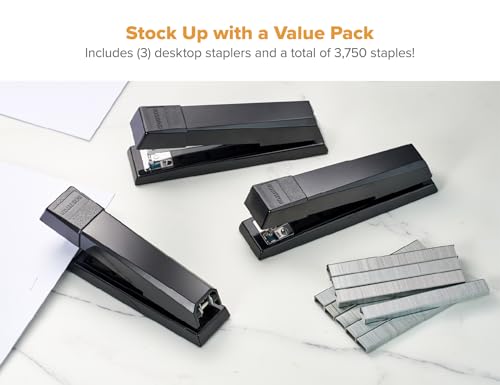 Image of Bostitch Office No-Jam Premium Desktop Stapler, Full-Strip, Black, 1,250 Staples Included, 3-Pack