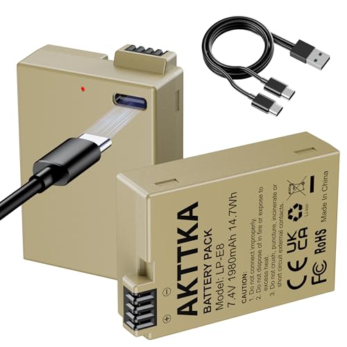AKTTKA Batería LP E8 Pack de 2 (1980mAh) con Cable USB C 2 en 1 – Compatible con Canon EOS Rebel T2i/T3i/T4i/T5i, Kiss X4/X5/X6i/X7i, EOS 550D/600D/650D/700D