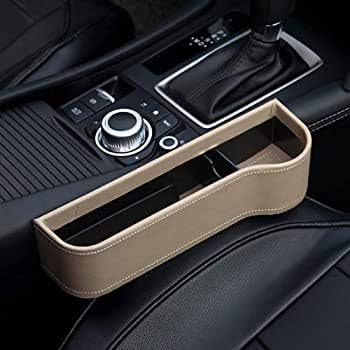 PU Leather Car Seat Gap Filler Organizer Catcher, Center Console Side Pocket with Cup Holder, Pack of 1 (Beige)
