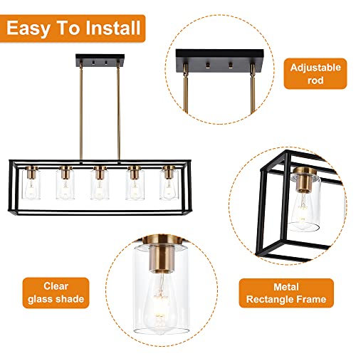 Vinluz Farmhouse Chandeliers For Kitchen Island With Clear Glass Shade Black And Brushed Brass 5 Light Dining Room Lighting Fixtures Hanging, Rectangle Pendant Lights Industrial Modern Ceiling Light #TOP5
