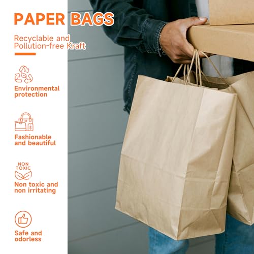 METAPRINT 100pcs Large Brown Paper Bags with Handles in Bulk, 10x5x13 Kraft Gift Bags, Recyclable Shopping Bags for Retail, Birthday, Parties & Weddings