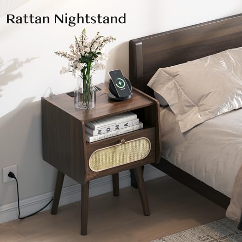 Image of JOINICE Mid Century Modern Nightstand Set of 2 with Charging Station | Rattan Bedside Table with Storage, Walnut Boho End Table with Wooden Legs, Suitable for Bedroom, Living Room, Easy Assembly