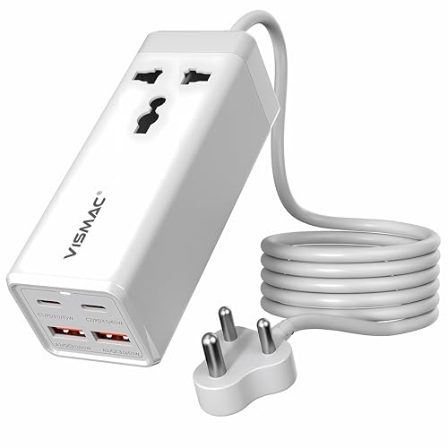 Image of Vismac 65W Fast Charging Desktop Power Strip | 1 AC Sockets + 2 Type-C Ports PD 65W + 2 USB-A Ports | 5-in-1 Charging Station | Surge Protection | 1 Year Warranty | for Home & Office (1.5 Meter).