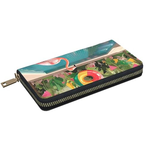 Flamingo and Swimming Pool Printed Long Wallet for Women Men Cute Coin Purse with Card Holder2