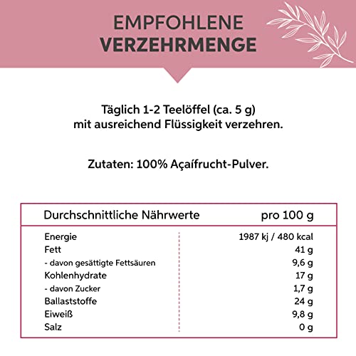 Acai Pulver 200g in Rohkost-Qualität | 100% rein ohne Zusatzstoffe und Vegan | Acaibeeren Pulver ideal für Bowl Smoothie Müsli Saft Sorbet