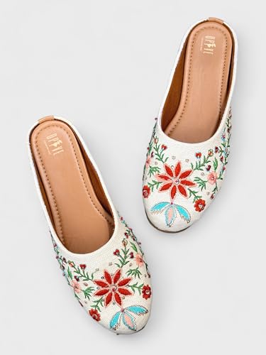 Image of OPIVE's Mehandi Women's Mojari Jutti Ethnic Punjabi Juttis Traditional Flat Embroidered Canvas Fancy Bellies Comfortable Sole for Womens & Girls