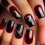 Short Square Press on Nails Red and Black Nails Press on Fake Nails with Heart Designs Valentines Nails Black Artificial Nails Gel Acrylic Glue on Nails Stick on Fingernails for Women 24Pcs