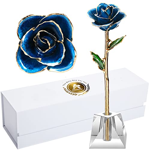 24k Gold Rose in Dipped,24k Gold Real Rose Gift for her, Long Stem Rose Made from Real Gold Rose for Anniversary Valentines Mothers Day Birthday (Deep Blue with Crystal Vase)