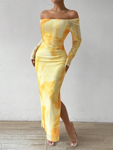Image of LIGHT DOT Women's Printed Off Shoulder Maxi Dress Long Sleeve Bodycon Ruched Mesh Cocktail Dress