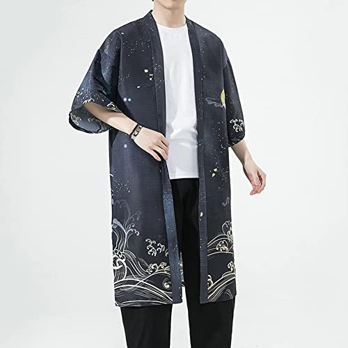 Image of HAORUN Men Japanese Kimono Coat Loose Yukata Outwear Long Bathrobe Tops Vintage