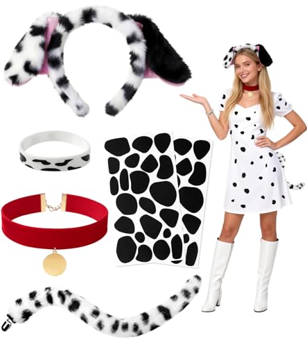 Dalmatian Costume Accessories Set with Asymmetrical Ears Tail and Collar