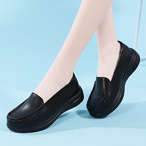 Nursgram Women's Work Nursing Shoes Slip-On Nurse Healthcare Shoes Slip Resistant Restaurant Food Services Leather Loafers 9822-Black38 #TOP1