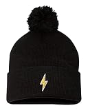 One Size Black Pom Lightning Bolt Embroidered Knit Beanie Pom Cap