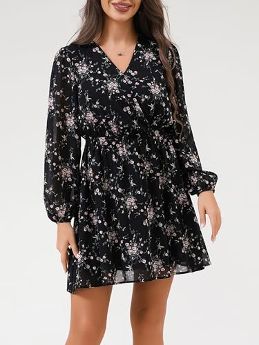 DERAX Women's Floral Boho Mini Dresses Elegant Spring Fall V Neck Chiffon Long Sleeves Party Vacation Cocktail Dress4