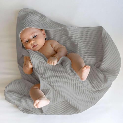 Image of Bright Decor Hooded Baby Blanket for Newborn|100% Cotton Muslin Waffle Weave|Gentle on Baby Skin,Breathable & Quick Dry|Multipurpose Swaddle, Bath Towel &Receiving Blanket | 36 x 42 Inch | Light Grey