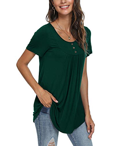Popyoung Women's 2023 Spring-Summer Casual Short Sleeve Tunic Tops Ruffle Button Loose Blouse T-Shirts Xl, Dark Green #TOP1