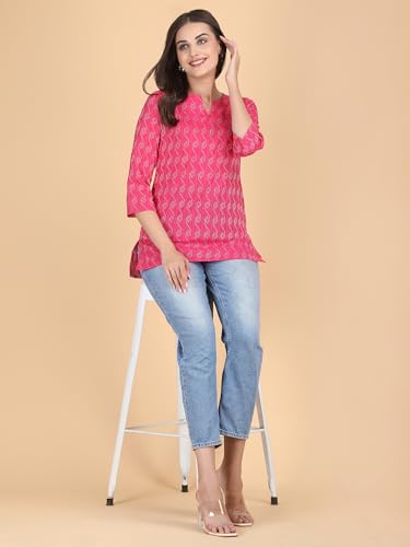 Image of Short Kurta for Women - Pure Cotton Printed Ladies Kurti, Stylish Girls Top, Ethnic Half Kurtas, Tunic Design Woman