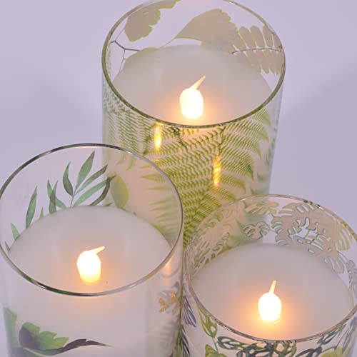 Image of Mark Feldstein & Associates Green Botanical Garden Print Flameless LED Glass Pillar Candles, Set of 3, 6 Inch