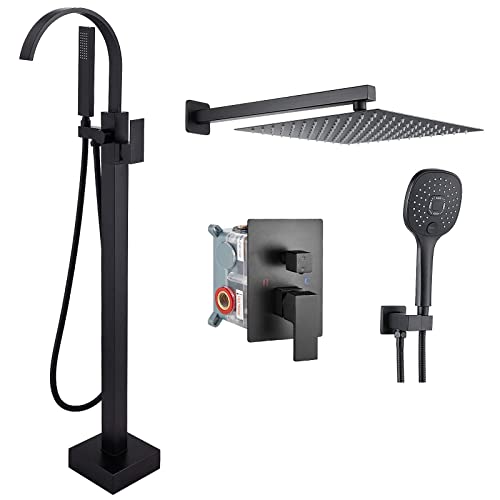Aolemi Black Freestanding Tub Filler Bathtub Faucet Floor Mounted Bathroom Tap Brass Swivel Spout 12'' Rainfall Shower Head Set With Abs Handheld Spray Trim Included Wall Mount Shower Mixer Faucet #TOP19