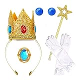 CIEHER 5PCS Princess Peach Costume Girls Peach Crown Headband, Wand, Gloves, Brooch，Clip On Earrings for Halloween Cosplay Dress Up