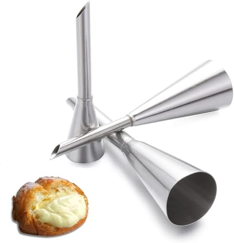 Hendiy 3Pcs/Set Puffs Piping Bag Nozzles,Professional Stainless Steel Cream Puff Long Nozzle Decorating Tool for Small Pastries, Puffs,Cakes (Silver)