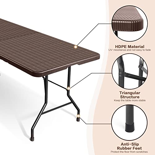 Todeco 6 Feet Imitated Rattan Folding Table, Heavy Duty Portable Plastic Indoor Outdoor Picnic Party Dining Camping Tables W/Handle, Brown #TOP4