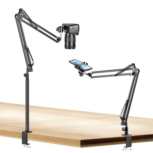 Evekea Overhead Camera Mount Desk Camera Mount with 360 Adjustable Arm and Phone Holder for DSLR Cameras/iPhone/Webcam/Ring Light Desk Phone Stand for Video Recording Zoom Meeting YouTube TikTok
