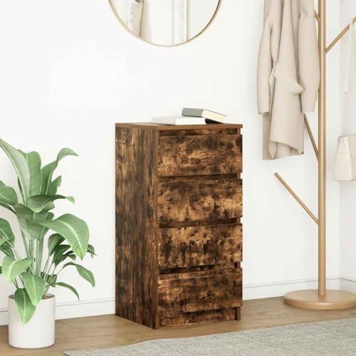 Runheo Aparador de madera de roble ahumado, 37,5 x 35 x 76 cm, con 4 cajones, versátil para cocina, baño, pasillo, diseño fácil de limpiar