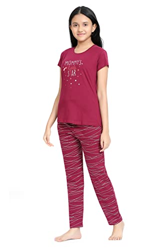 Image of Kids Night Suit for Girls - Cotton Set of Pyjama & T-Shirt Sleepwear - Lightweight & Comfortable Night Wear for Kids