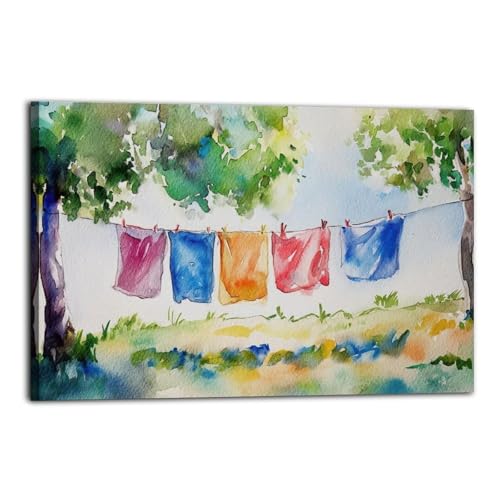 Hechcab Laundry Day Watercolor Painting Summer Landscape Clothesline Poster Wash