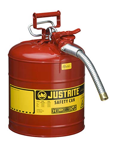 Justrite 7250130 5 Gal Red Accuflow Galvanized Steel Type Ii Vented Safety Can With Stainless Steel Flame Arrester And 1'' Metal Hose (For Flammable Liquids), 15.34 Fl. Oz., 17.5" X 11.75" X 1" #TOP12