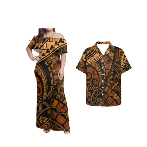 Couple Plus Size Dress with Hawaiian Shirt Polynesian Tribal Samoan Puletasi Off Shoulder Dress for Women
