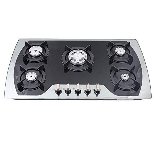 Gas Cooktop 35 Inch Gas Stove Cooktop Stove Burner Tempered Glass Built in 5 Burners Gas Hob Grate Stovetop LPG/NG Convertible (Style 2)