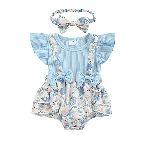 0-18M Newborn Baby Girl Clothes Floral Romper Patchwork Bowknot One Piece Bodysuit Infant Summer Outfit(Easter-Green,3-6 months)
