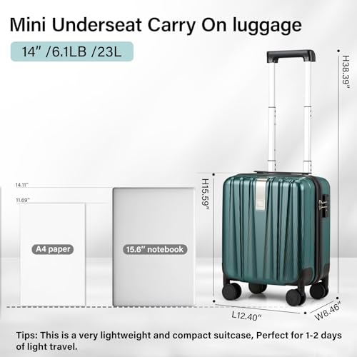 Image of Hanke 14 Inch Underseat Carry On Luggage with Wheels Hard Shell Suitcases Lightweight Small Luggage for Weekender Mini Suitcase Carry On Bag Travel Luggage for Travel Rolling Suitcase.(Blackish Green)