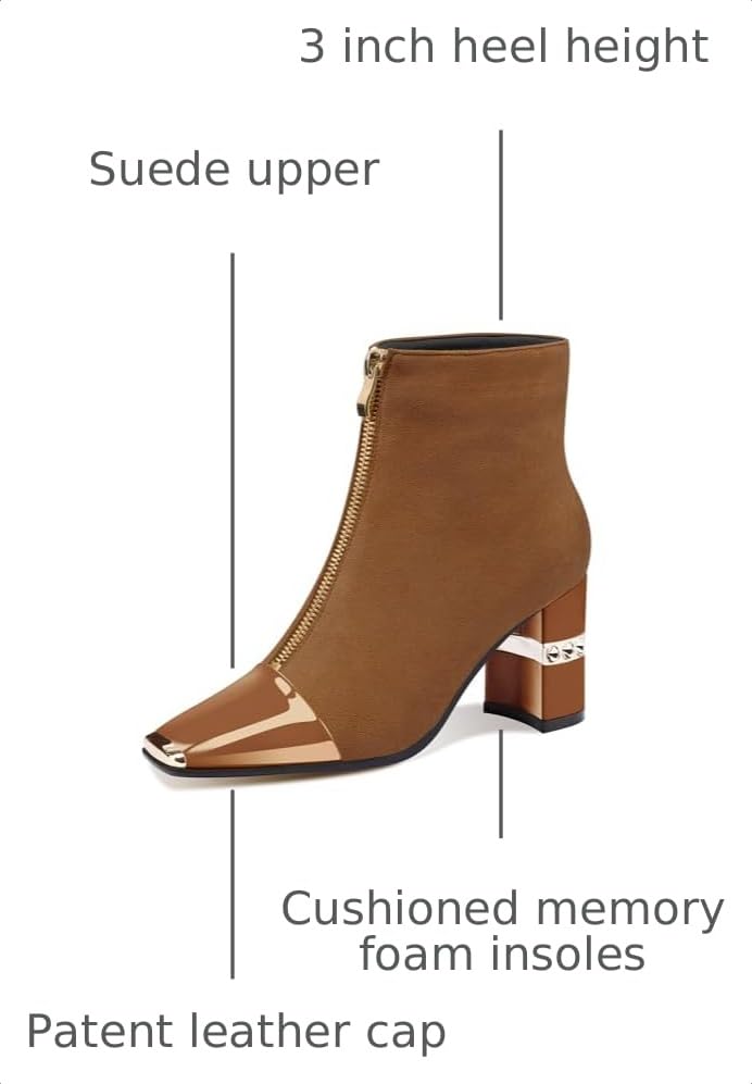 Image of XINIUNIU Women's Ankle Boots Block Chunky Heels Booties Metal Square Toe Suede Front Zipper 3 Inch Short Boot Dress