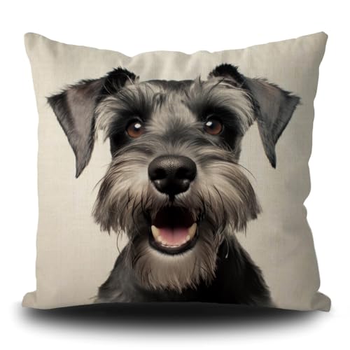 Funny Miniature Schnauzer Dog Pillow Cover Dog Puppy Art Decorative Pillow Case for Couch Sofa Bed Dog Lover Gift Linen White 16X16 Inch Double Side, Style 2