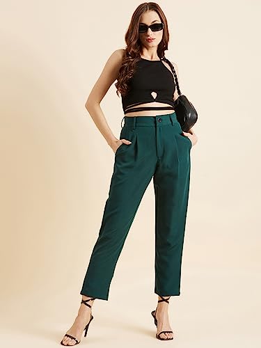 Image of PANIT Women Green Relaxed Straight Fit High-Rise Wrinkle Free Pleated Trousers