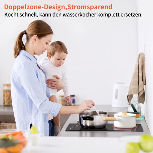 Glaskeramikkochfeld, IsEasy Doppel Vorlauf, 3200W, Kochfelder mit Doppelte Kochzonen, Stecker, Einbaus Cerankochfeld, 9 Heizstufen, Touch-Steuerung, 1-99Min Timer – Bild 5