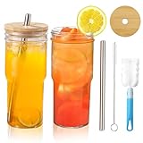 SYOUACEND 24oz Glass Cups with Lids and Straws 2 Pack, Reusable Ice Coffee Cup, Mason Jar Cups, Glass Tumbler Cup with Wide Mouth, Cups for Bubble Tea, Smoothies, Juice, with 2 Cleaning Brush