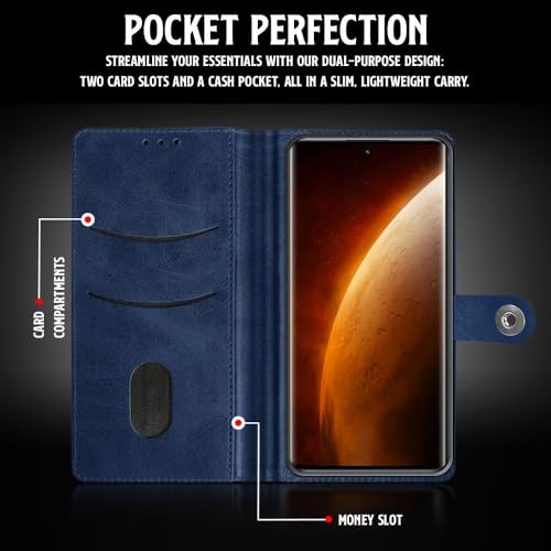 Image of WOW IMAGINE Shock Proof Flip Cover Back Case for Realme Narzo 60 PRO | 11 PRO | 11 PRO Plus 5G (Magnetic Button Flip Case | Wallet Pockets & Stand | Leather Finish | Oxford Blue)