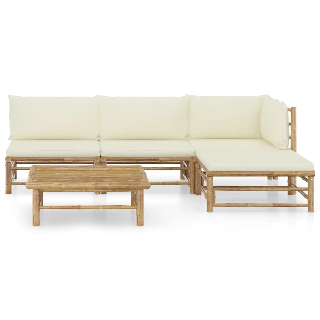 vidaXL Set de Muebles de Jardín 5 Piezas Mobiliario Exterior Terraza Hogar Cocina Mesa Silla Asiento Suave con Respaldo Bambú y Cojines Blanco Crema