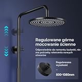 Rainsworth System prysznicowy z półką czarny – 25 x 25 cm, okrągła deszczownica i 3 rodzaje strumienia, z przełącznikiem z mosiądzu, kolumna prysznicowa, zestaw prysznicowy do prysznica bez armatury