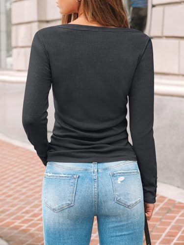 Kissfix Long Sleeve Shirts for Women Fall Winter Henley Tops Business Casual Ribbed Blouses Date Night Trendy Outfits