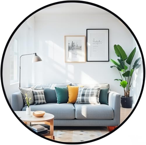 Round Bathroom Mirror, Round Makeup Mirror 60CM, Black Circle Mirror Metal Frame, Wall Mounted or Freestanding, Home Decor Mirrors for Living Room & Bathroom