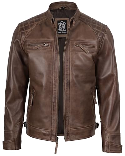 Image of fjackets Mens Leather Jacket Moto Style Real Lambskin Leather Jacket, Quilted Cafe Racer Classic Zip Up Biker Jacket for Men