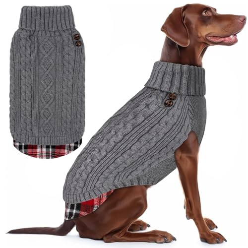 Image of KYEESE Dog Sweater for Large Dogs Turtleneck Thick Knit Pullover | Stretchy Fit, Lightweight & Warm, Cozy Knit Comfort, Classic Plaid Design, Gentle on Sensitive Skin, Winter Daily Wear
