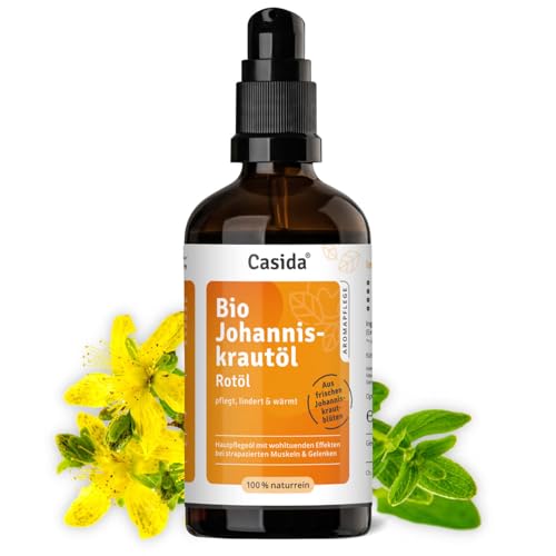 Casida Bio Johanniskrautöl-Rotöl-natürliches Johanniskrautöl für Massagen und Einreibungen-Bio Qualität- Durchwärmendes beruhigendes Johanniskraut -100 ml