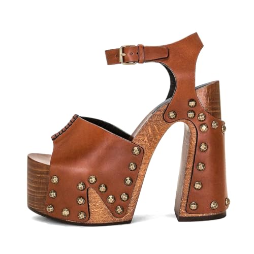 XYD Women Wooden Block Chunky Heel Sandals Platform Bronzed Studs Open Toe Buckle Ankle Strap Vintage Parties Shoes2