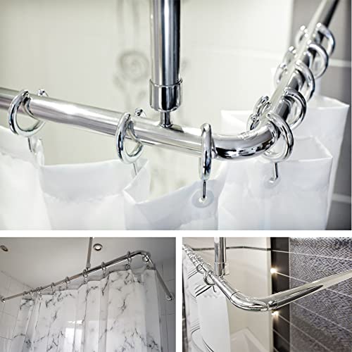 Shower Curtain Rail/Rod 4 way use L or U Shape With Ceiling Mount and Semi-Open Rings (Chrome)